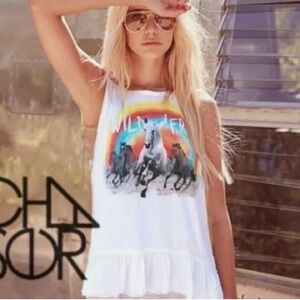 CHASER ‘Wild And Free’ Horses Ruffle Muscle Tank in White/Rainbow Size M (GUC)